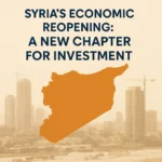 Illustration of Syria’s economic reopening featuring an orange Syria map silhouette over a modern cityscape background with construction cranes, symbolizing investment, growth, and reconstruction opportunities.